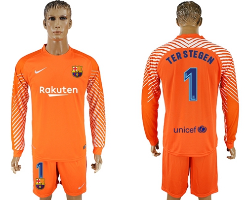 Barcelona #1 Ter Stegen Orange Goalkeeper Long Sleeves Soccer Club Jersey - Click Image to Close